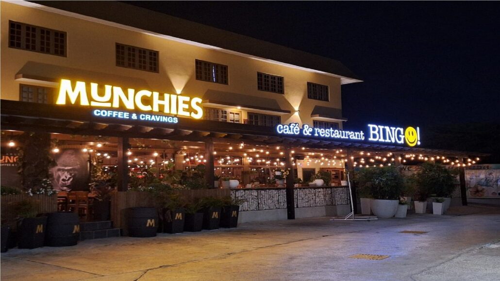 Exterior Bingo cafe at night.