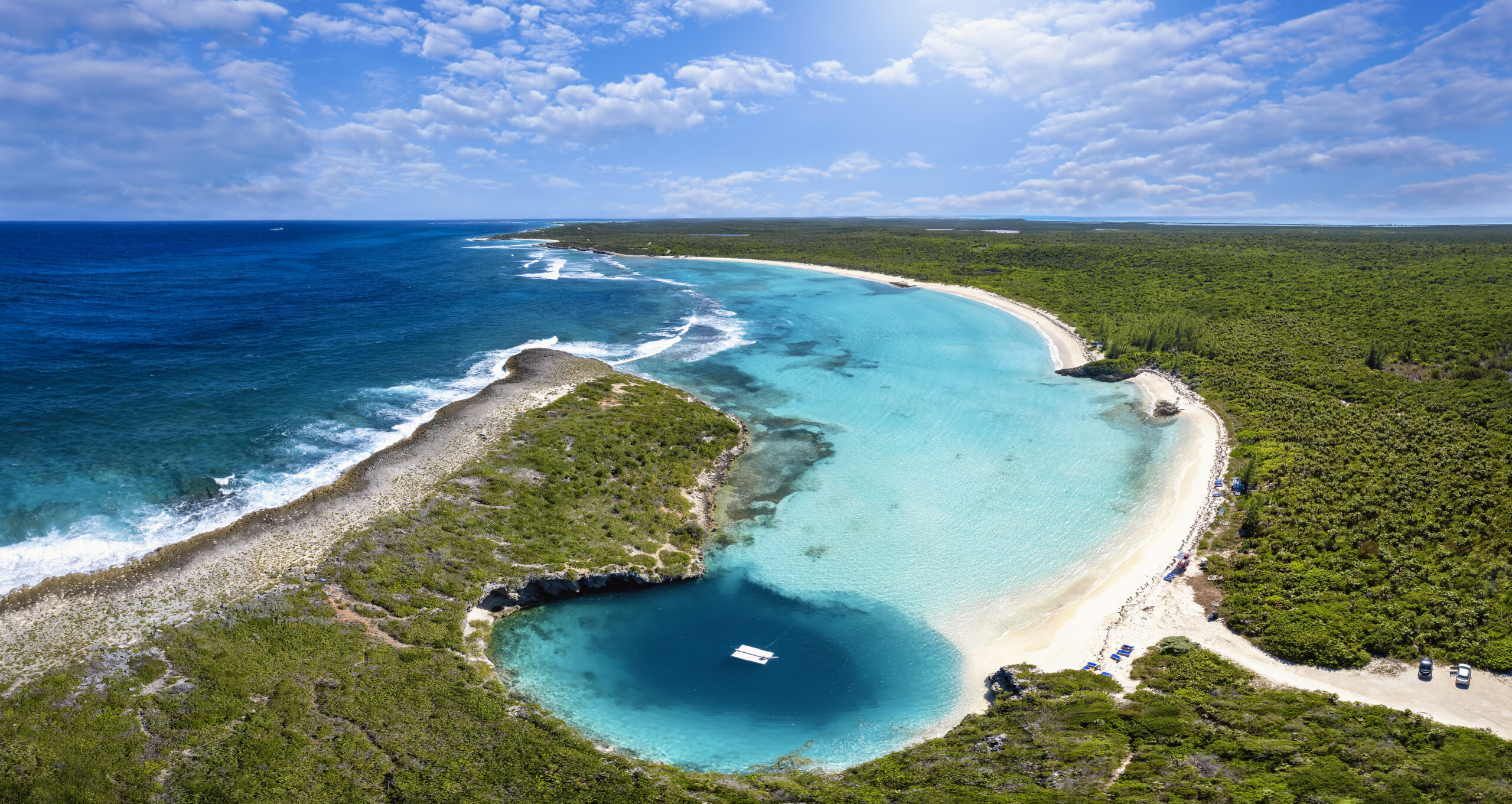 Panoramic aerial view to Dean`s blue hole, Long Island, Bahamas.