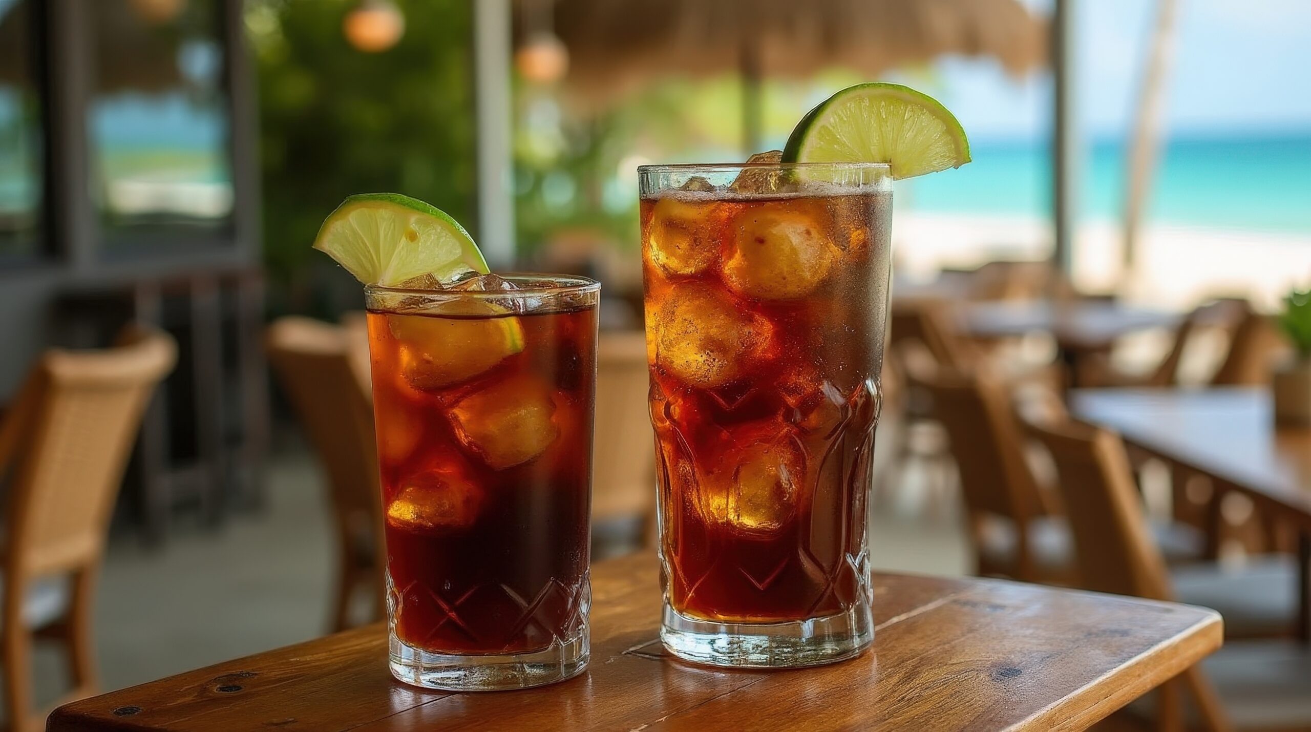 Refreshing rum and cola served beachside in Barbados with ice and lime.