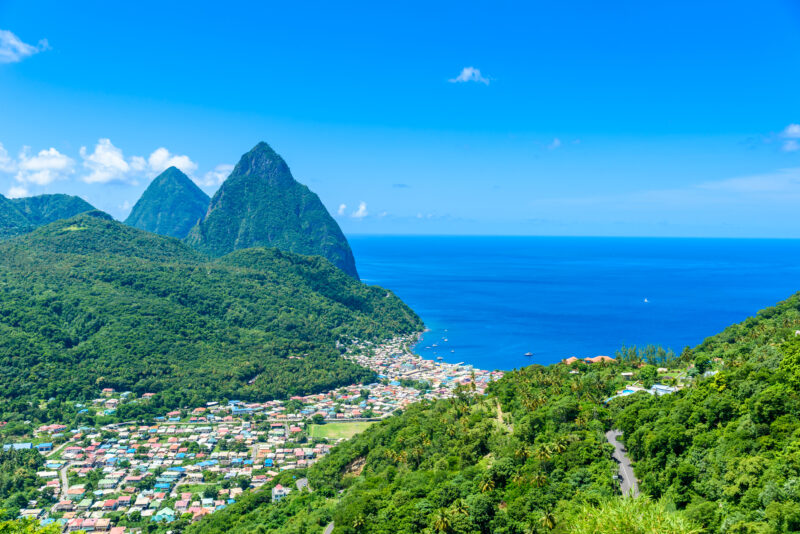 Gros and Petit Pitons near village Soufriere on Caribbean island St Lucia - tropical and paradise landscape scenery on Saint Lucia.