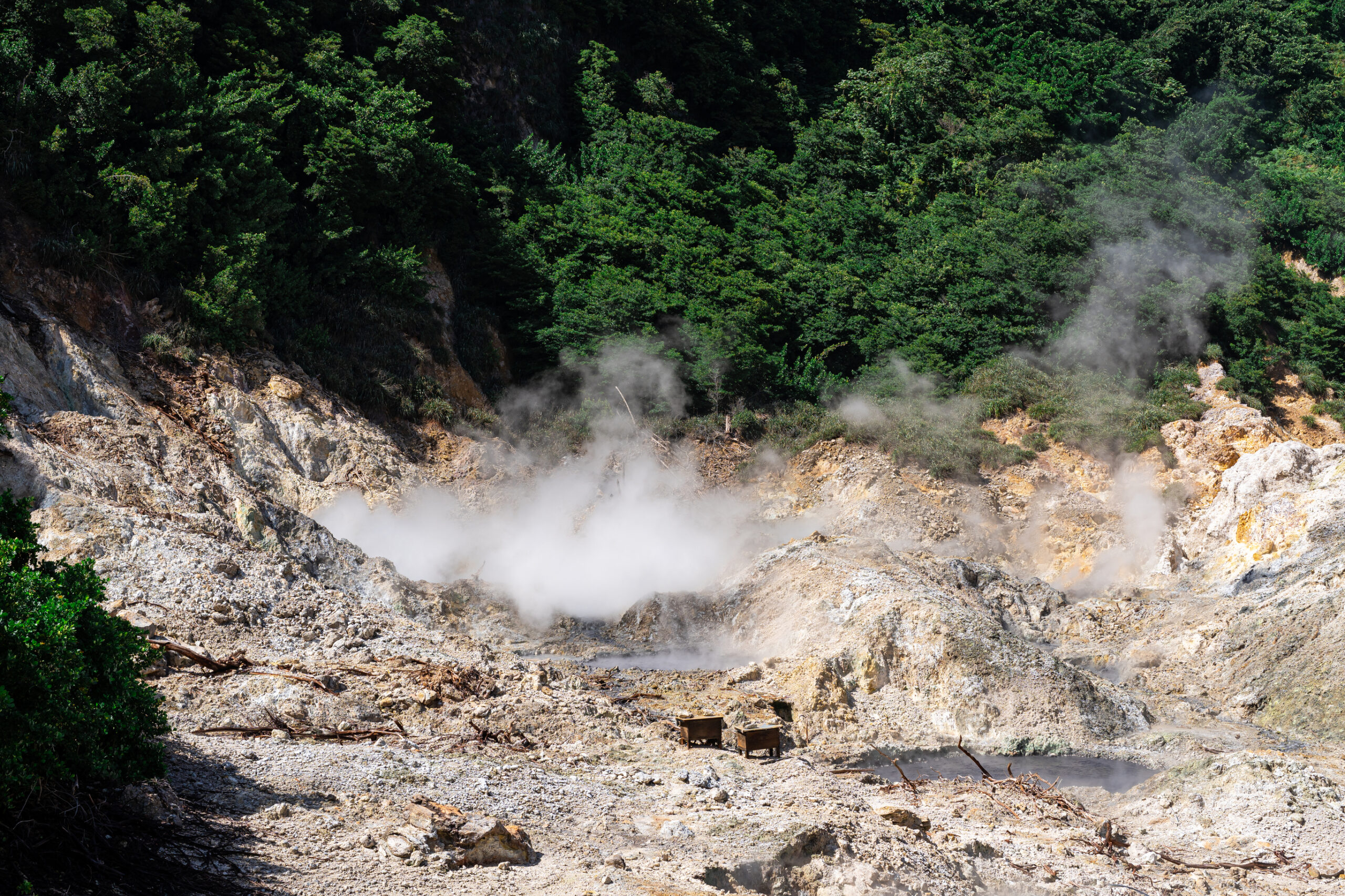Sulphur Springs St Lucia. Steam rising from the Sulphur Springs mud baths created from a collapsed volcano in Soufriere, Saint Lucia.