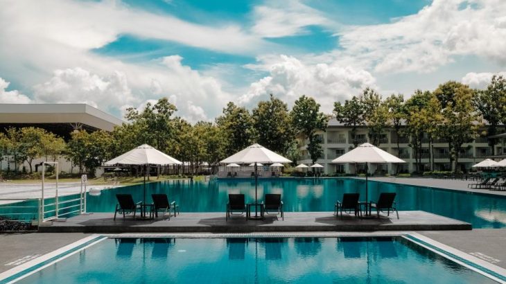 resort-pool-white-umbrellas-trees-background