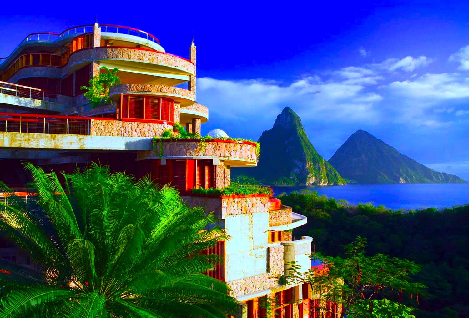 Ocean view of a terrace suite overlooking the Pitons in St. Lucia