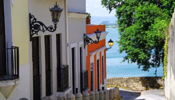 Calle Sol street overlooking the Caribbean Sea in Old San Juan