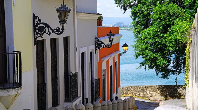 Calle Sol street overlooking the Caribbean Sea in Old San Juan