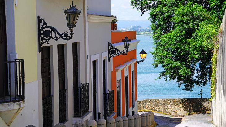 Calle Sol street overlooking the Caribbean Sea in Old San Juan