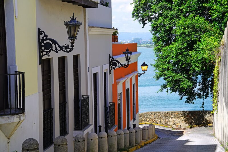 Calle Sol street overlooking the Caribbean Sea in Old San Juan