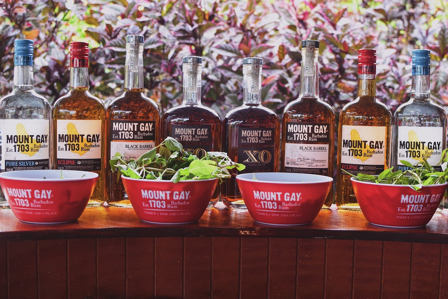 Lineup of Mount Gay Rum bottles and garnishes