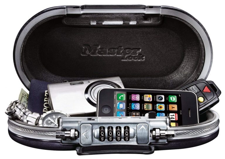 A portable travel safe containing valuables