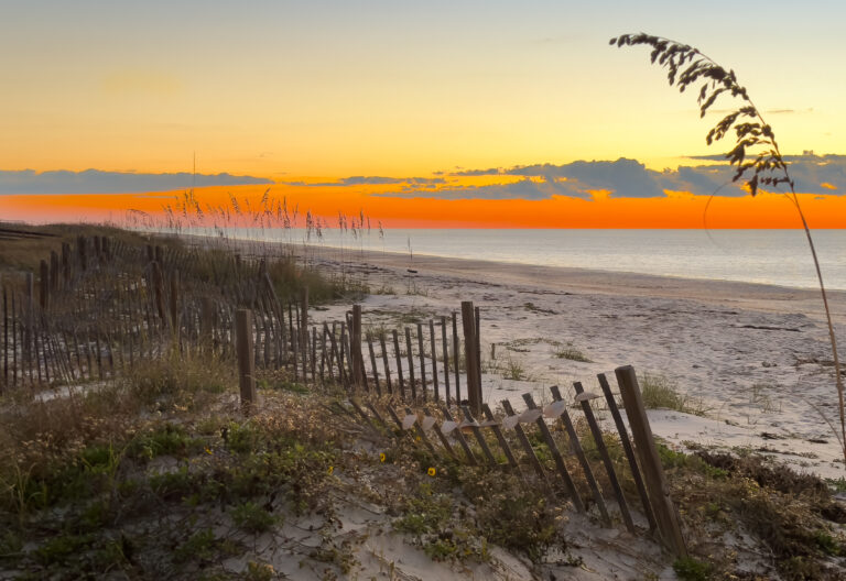 Ocean beach Sunrise on barrier islands of St George. Sunrise on the beach at the barrier island of St. George in Florida. Wind blown fences protect the houses from high tides.