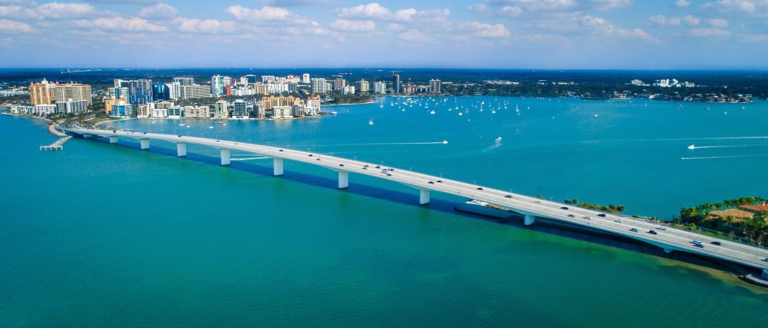 Bridge over blue water in Sarasota, FL