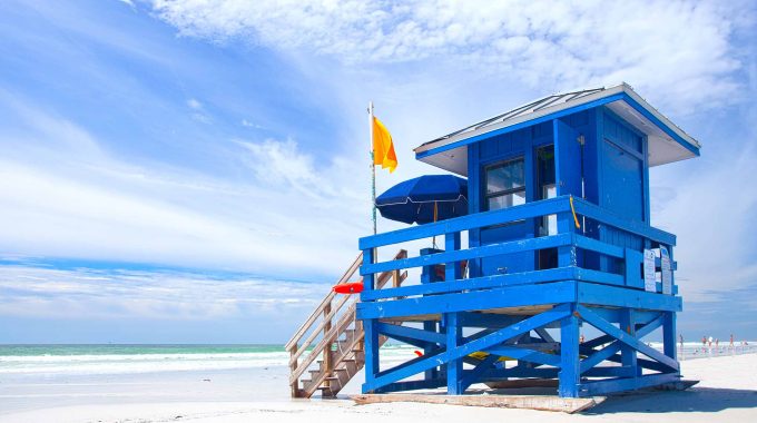 blue lifeguard hut on Siesta Key Beach in Sarasota Florida