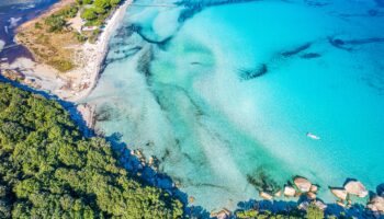 Aerial view with Santa Giulia beach, Corsica, France