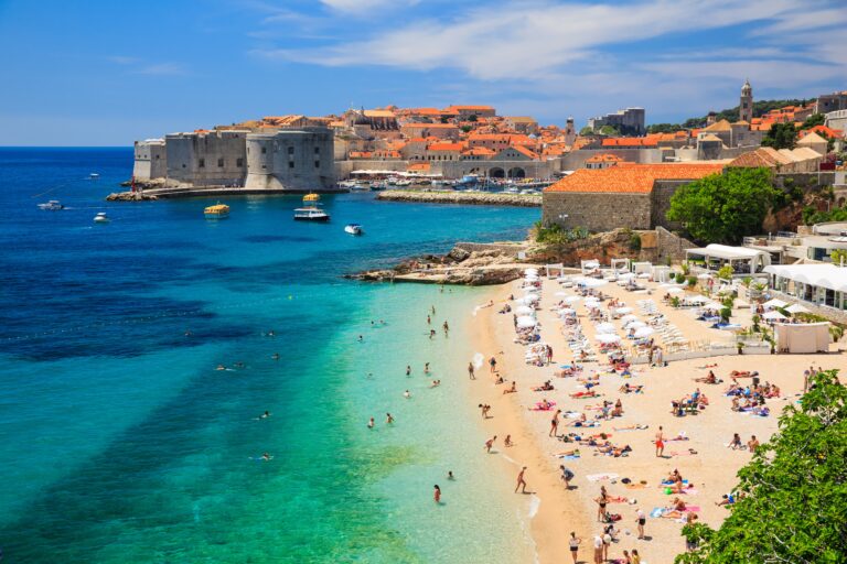 Dubrovnik, Croatia. Panoramic view of old town and the beach, Dubrovnik Croatia