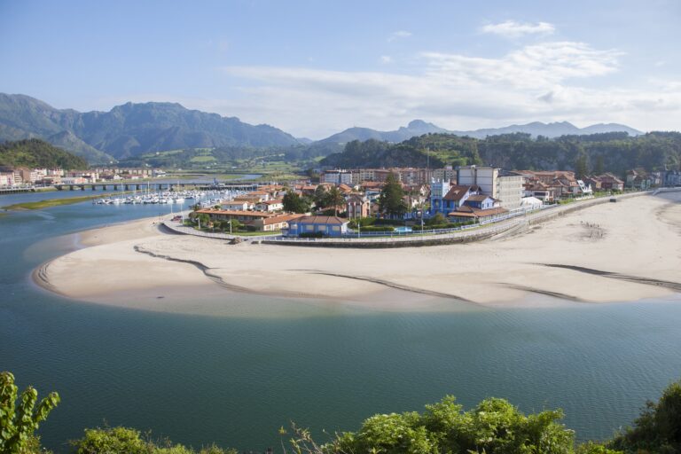 Ribadesella city waterfront next to Sella River in Asturias Spain Europe