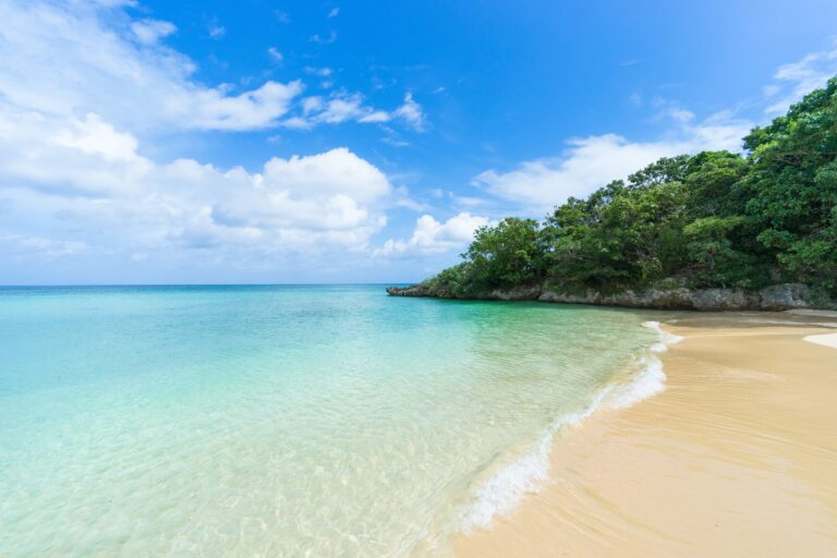 Secluded tropical paradise beach with clear blue lagoon water, Ishigaki Island, Okinawa, Japan.