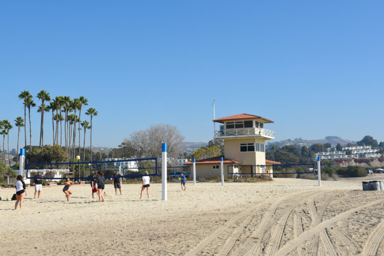 Doheny State Beach Volleyball courts, lifeguard tower.