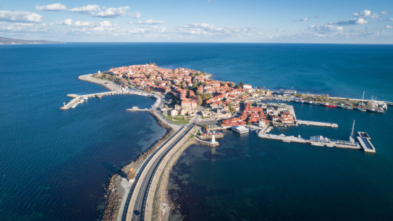 General view of Nessebar, ancient city on the Black Sea coast of Bulgaria. Panoramic aerial view. Cloudy sky