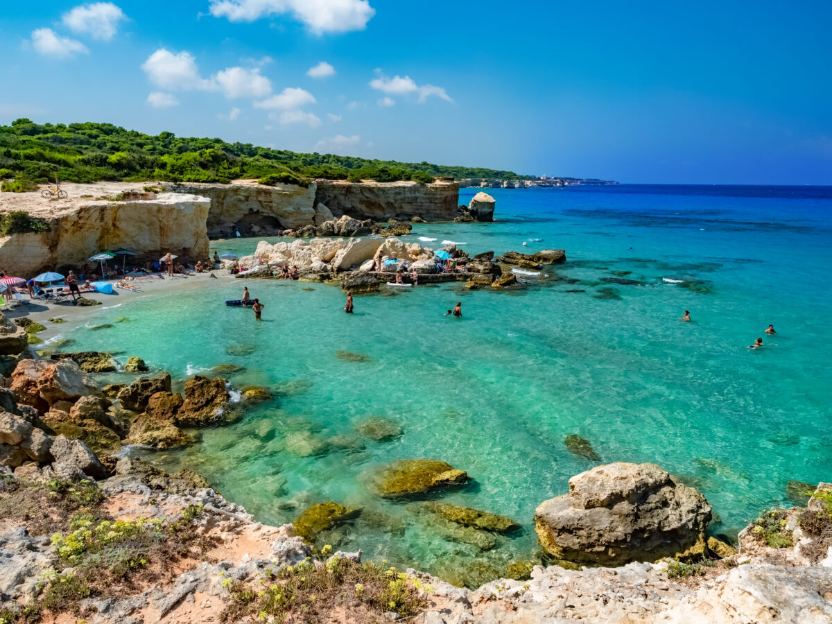 Coastline of Faraglioni, landmarks and beaches of Puglia. `Torre di Sant Andrea` near Otranto. Italy