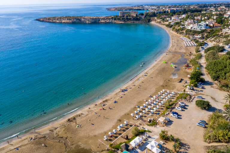 Aerial top view of famous Coral Bay Beach near paphos, Cyprus