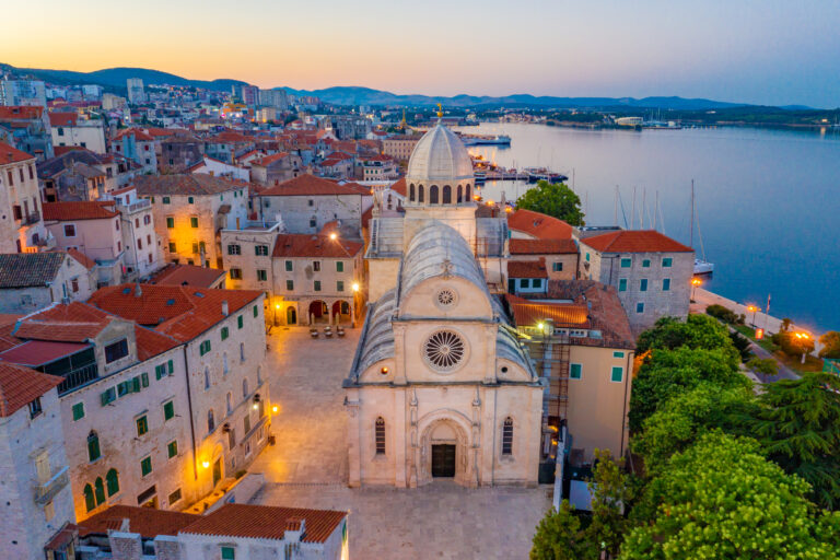 Sunrise aerial view of the cathedral of Saint James and waterfront of Sibenik, Croatia