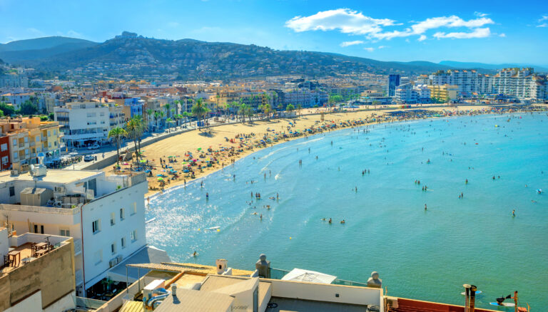 View of coastline and beach at Peniscola. Castellon, Spain. Aerial over view from fortress walls of coastline and beach at Peniscola.