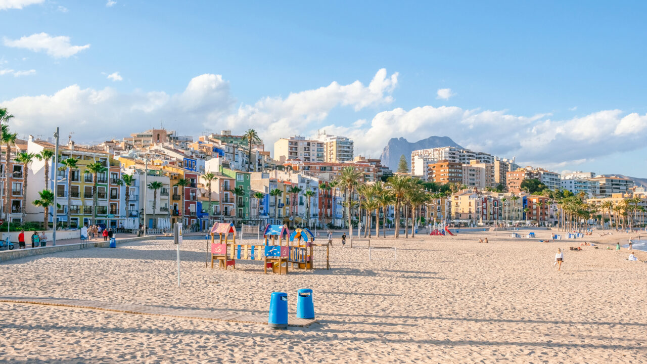 View to beautiful Villajoyosa city and beach. La Vila Joiosa - coastal town, Valencian Community, Spain, by Mediterranean sea.