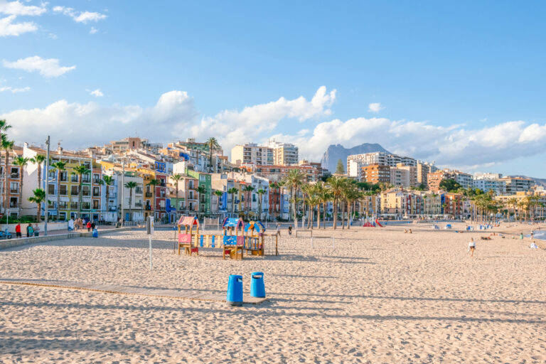 View to beautiful Villajoyosa city and beach. La Vila Joiosa - coastal town, Valencian Community, Spain, by Mediterranean sea.