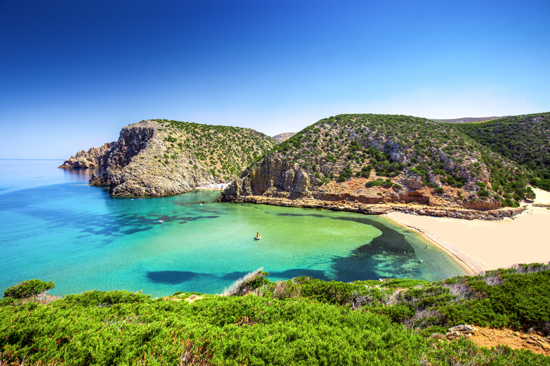 aerial of Cala Domestica beach, Costa Verde, Sardinia, Italy
