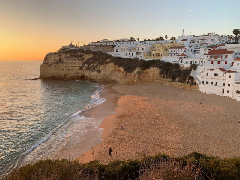 aerial of beach in Carvoeiro, Portugal during summer