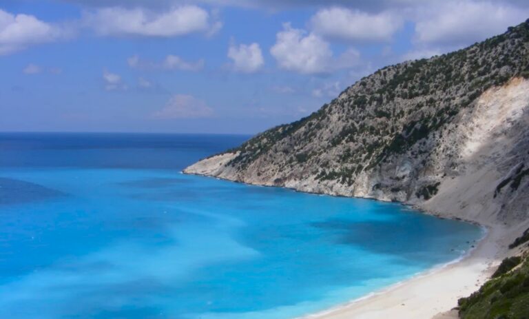 Bright blue water Kefalonia, Myrtos Beach.