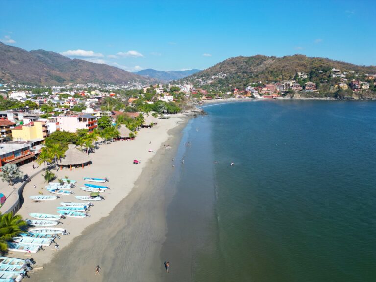 Aerial View of Zihuatanejo Beach: Sand, Water, Trees, and Boat