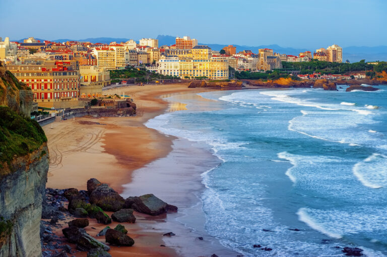 Biarritz city and its famous sand beaches - Miramar and La Grande Plage, Bay of Biscay, Atlantic coast, France.