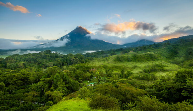 Scenic view of Arenal Volcano in central Costa Rica at sunrise.