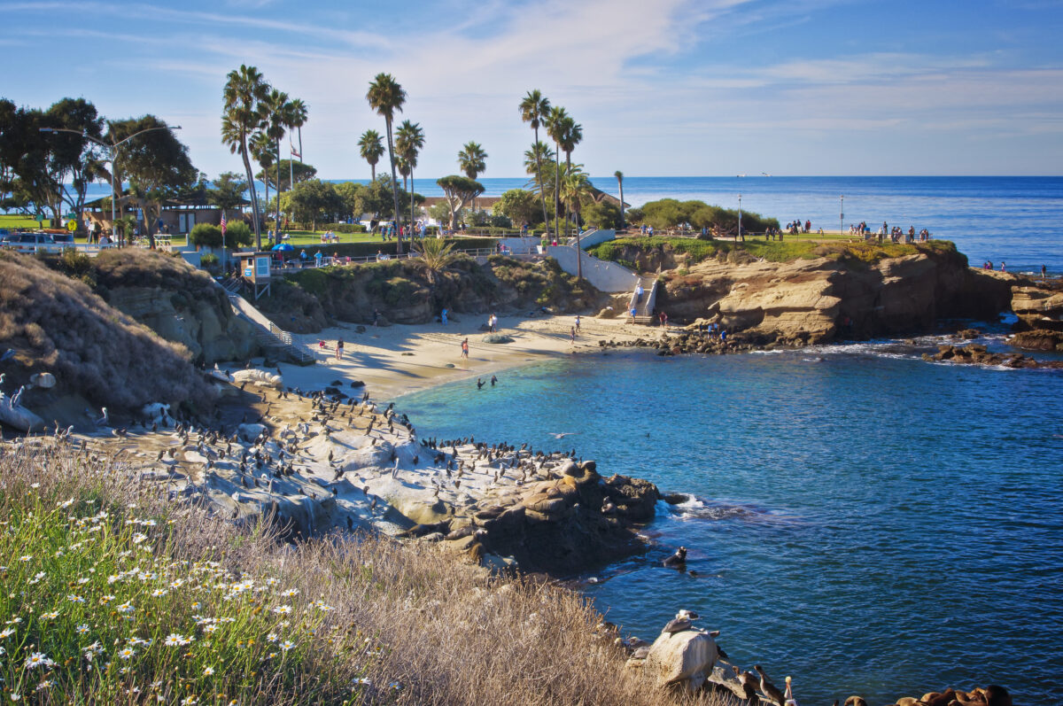 A picture perfect sunny Sunday afternoon in November at the La Jolla Cove, in La Jolla near San Diego, southern California, on the west coast of the United States on the Pacific Ocean.