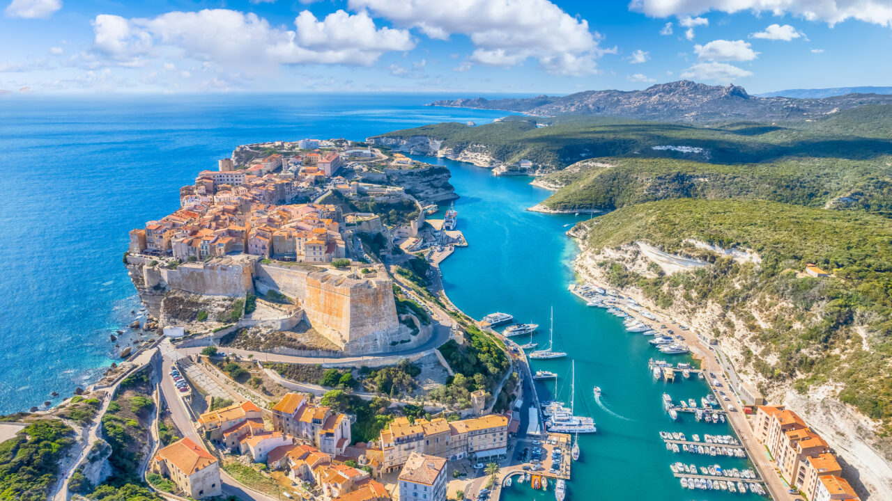 Aerial view of Bonifacio town in Corsica island, France.