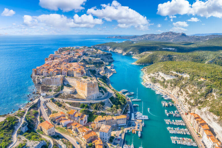 Aerial view of Bonifacio town in Corsica island, France.