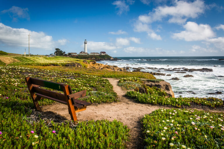 Bench and view of Piegon Point Lighthouse in Pescadero, California