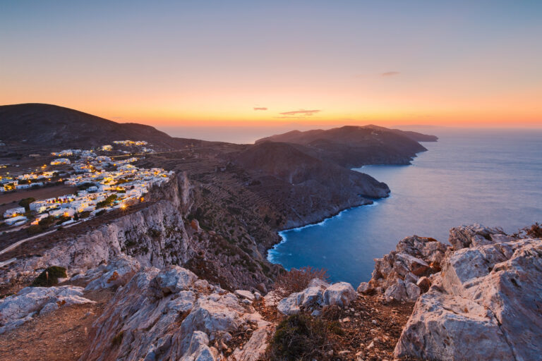 View of Folegandros village and surrounding landscape.