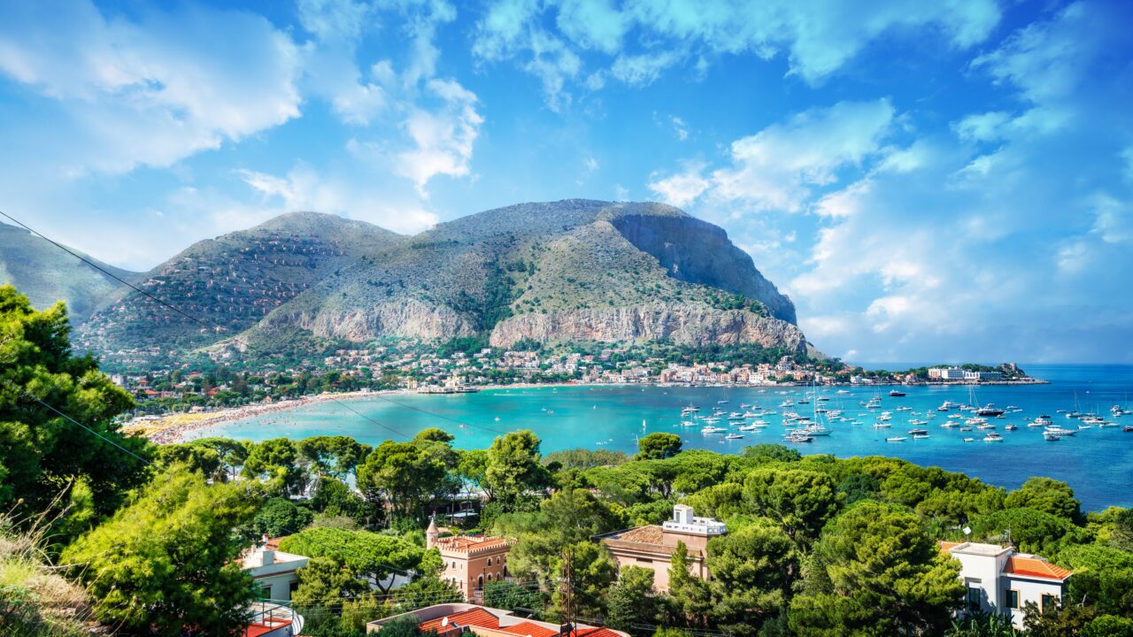 View of the gulf of Mondello and Monte Pellegrino, Palermo, Sicily island, Italy