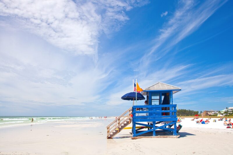 Blue lifeguard house on the beach in Siesta Key on the west coast of Florida.