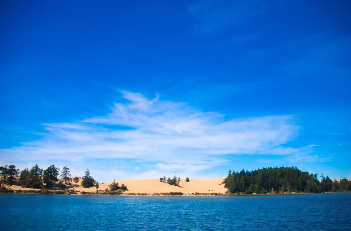 River runs past sand dunes at Oregon Dunes National Recreation Area