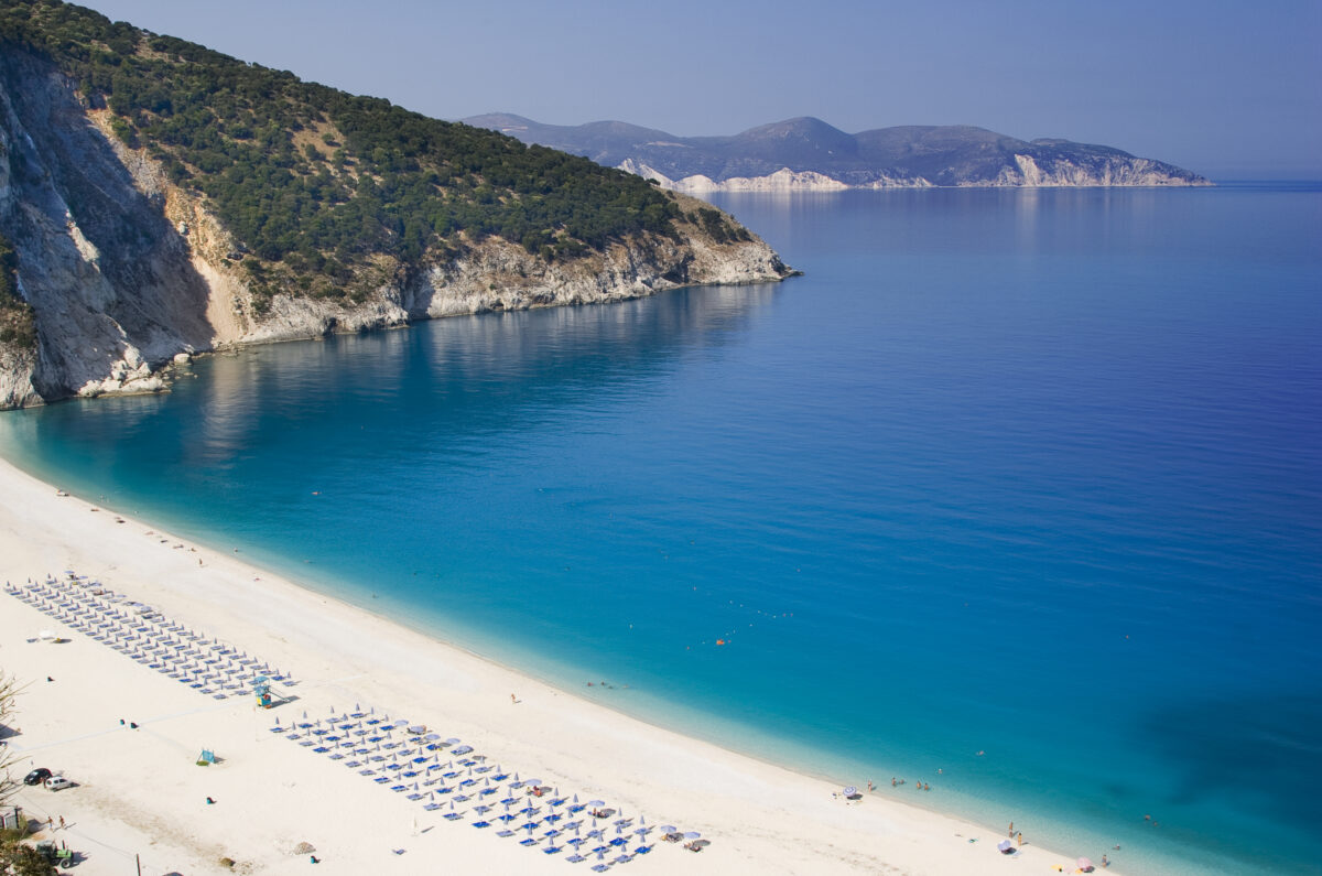 Myrtos Beach Kefalonia. View down to the azure blue water of Myrtos Beach in Kefalonia, Greece.