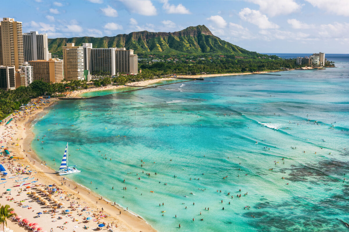 Hawaii beach Honolulu city travel landscape of Waikiki beach and Diamond Head mountain peak at sunset, Oahu island, USA vacation