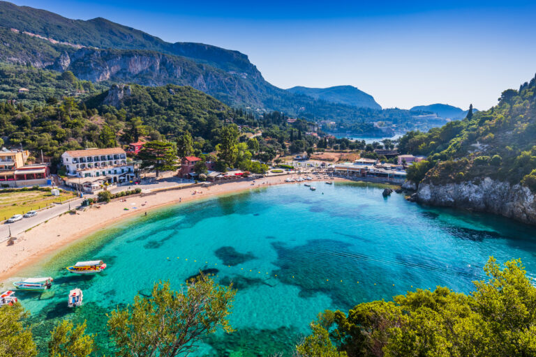 Corfu, Greece. Picturesque village of Paleokastritsa and its beach