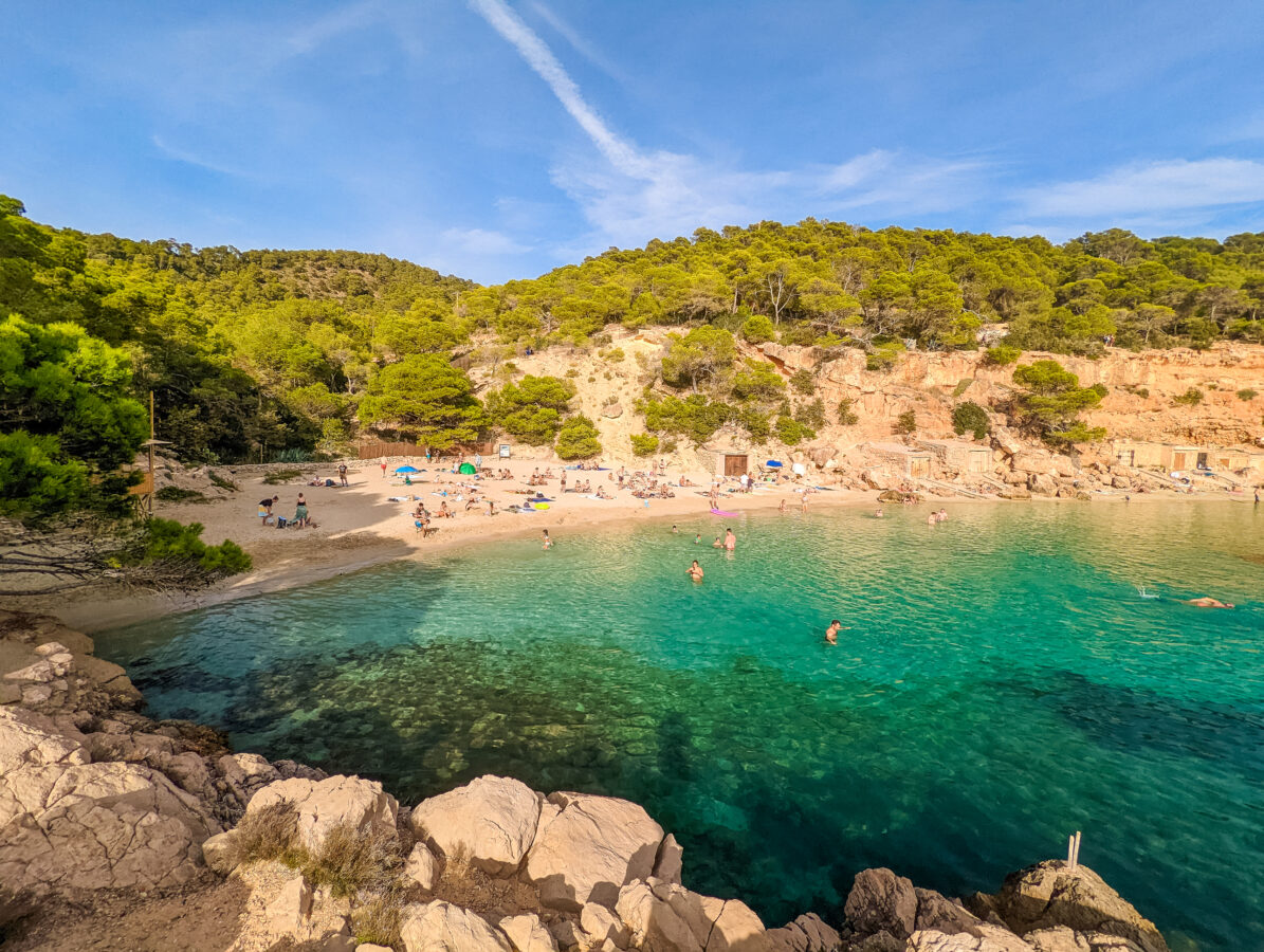 Aerial drone view of Cala Saladeta, Ibiza islands, Spain
