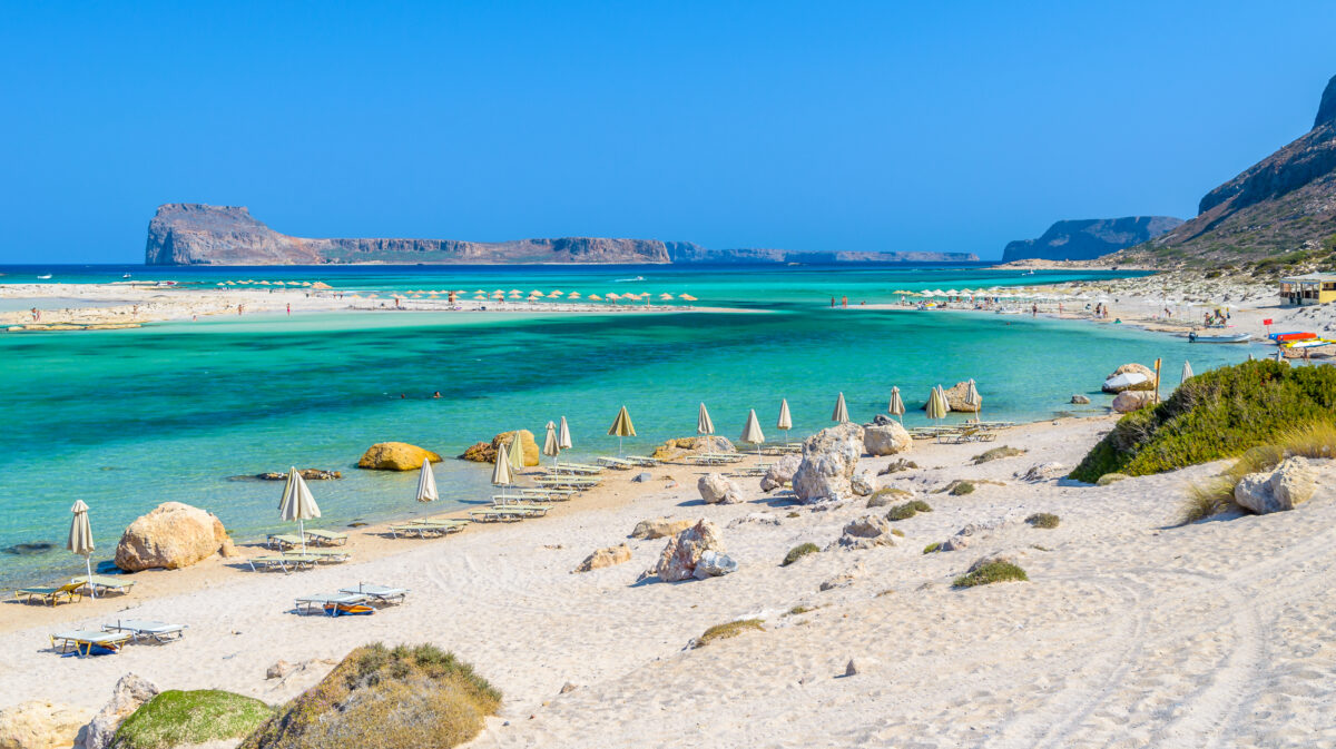 Umbrellas on Balos beach on Crete island, Greece.