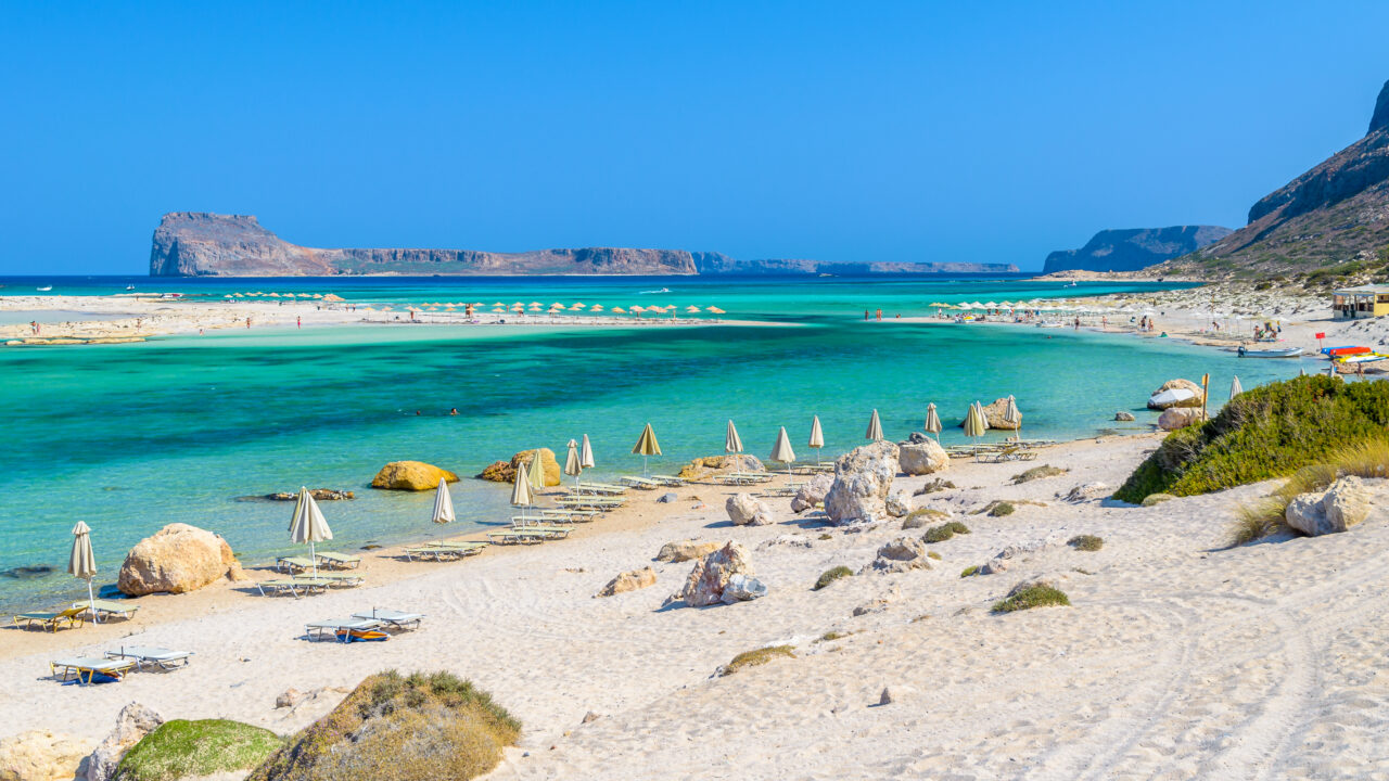 Umbrellas on Balos beach on Crete island, Greece.