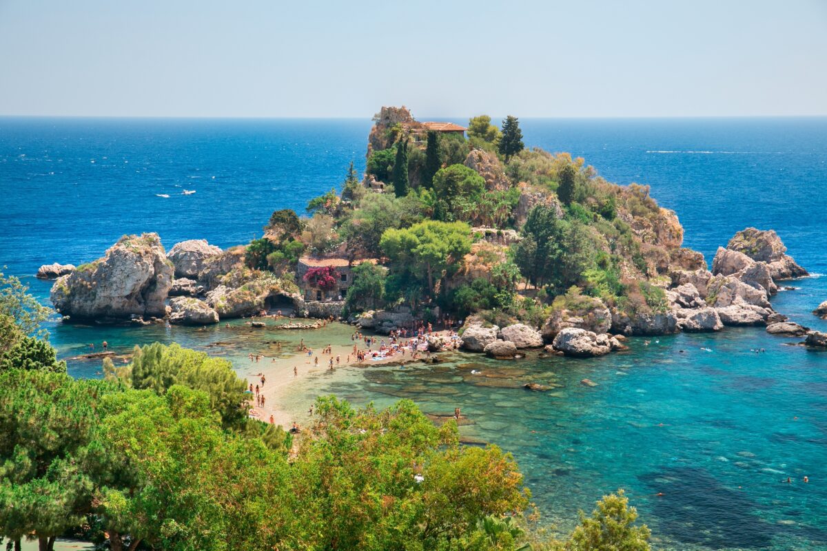 Famous beach Isola Bella at Sicily, Italy. View of beach and island Isola Bella at Taormina, Sicily
