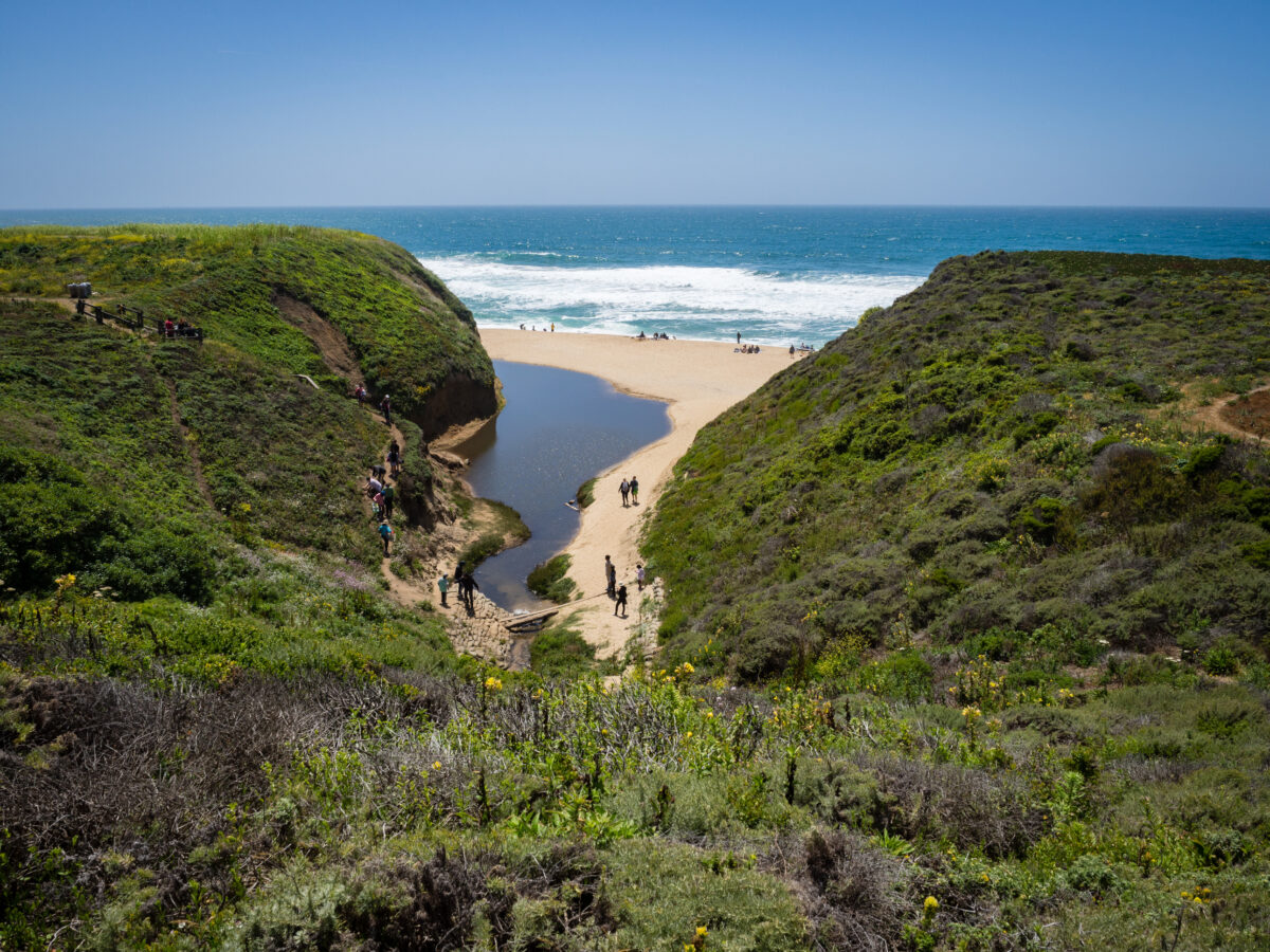 Trail to Montara State Beach, California on a sunny summer day with people on the beach.